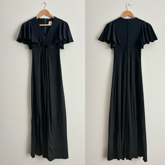Vintage 70s Black Keyhole Flutter Sleeve Maxi Dress 38 - Picture 8 of 10
